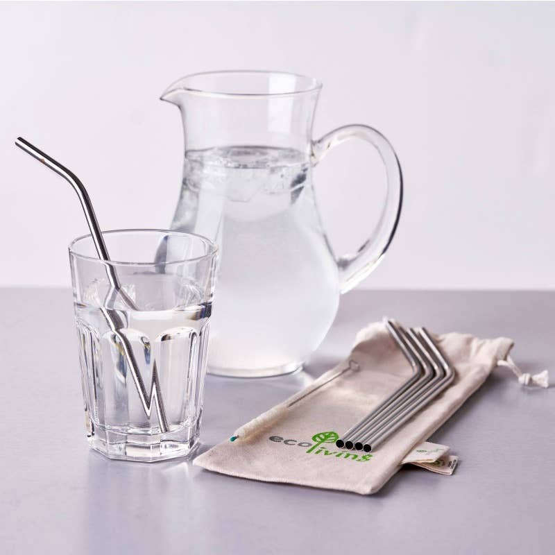 ecoLiving 5 Stainless Steel Bent Drinking Straws with Plastic-Free