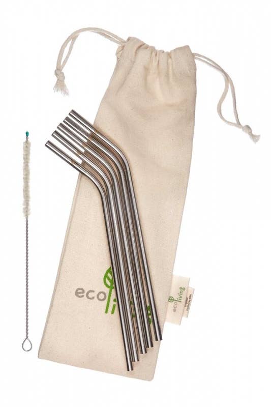 ecoLiving 5 Stainless Steel Bent Drinking Straws with Plastic-Free