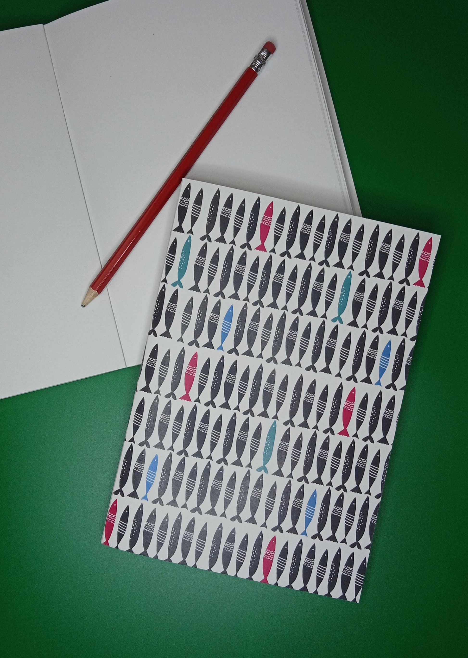 She Designs He Prints Sardines Notebook, hand made using recycled materials