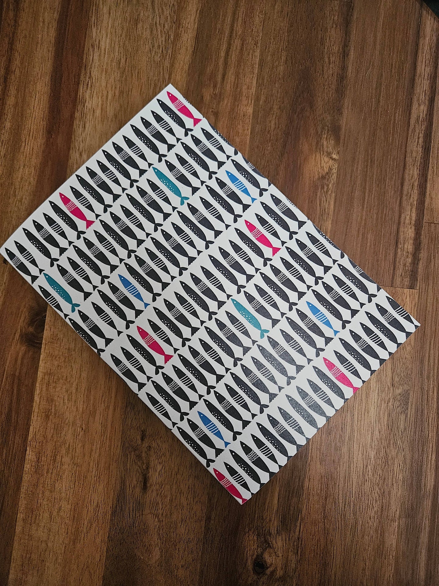 She Designs He Prints Sardines Notebook, hand made using recycled materials